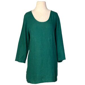 FLAX Designs Green Soft Natural Linen Round Neck Relaxed Fit Long Tunic Size S